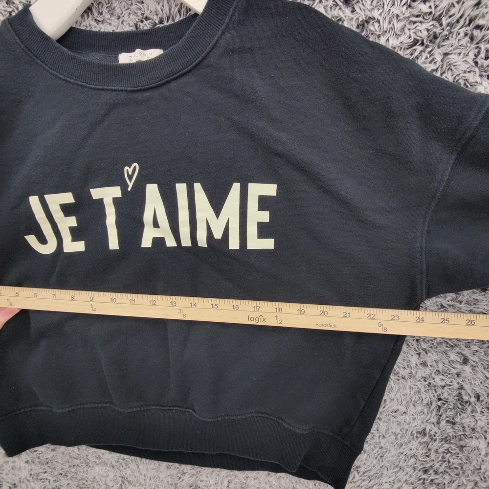 Z Supply Womens Parisian Chic Je T'aime Sweatshirt M Black Cotton Graphic Crop - Picture 2 of 16